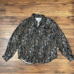 Vintage 100% Silk Black Tan Zebra Print Button Down Collared Shirt Women XL Y2K